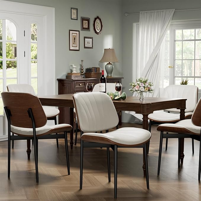 Dining Chairs Set of 4, Dining Room and Kitchen Chairs, Mid Century Modern Accent Chair, Upholstered PU Leather Chairs for Vanity with Walnut Bentwood and Metal Legs, Beige