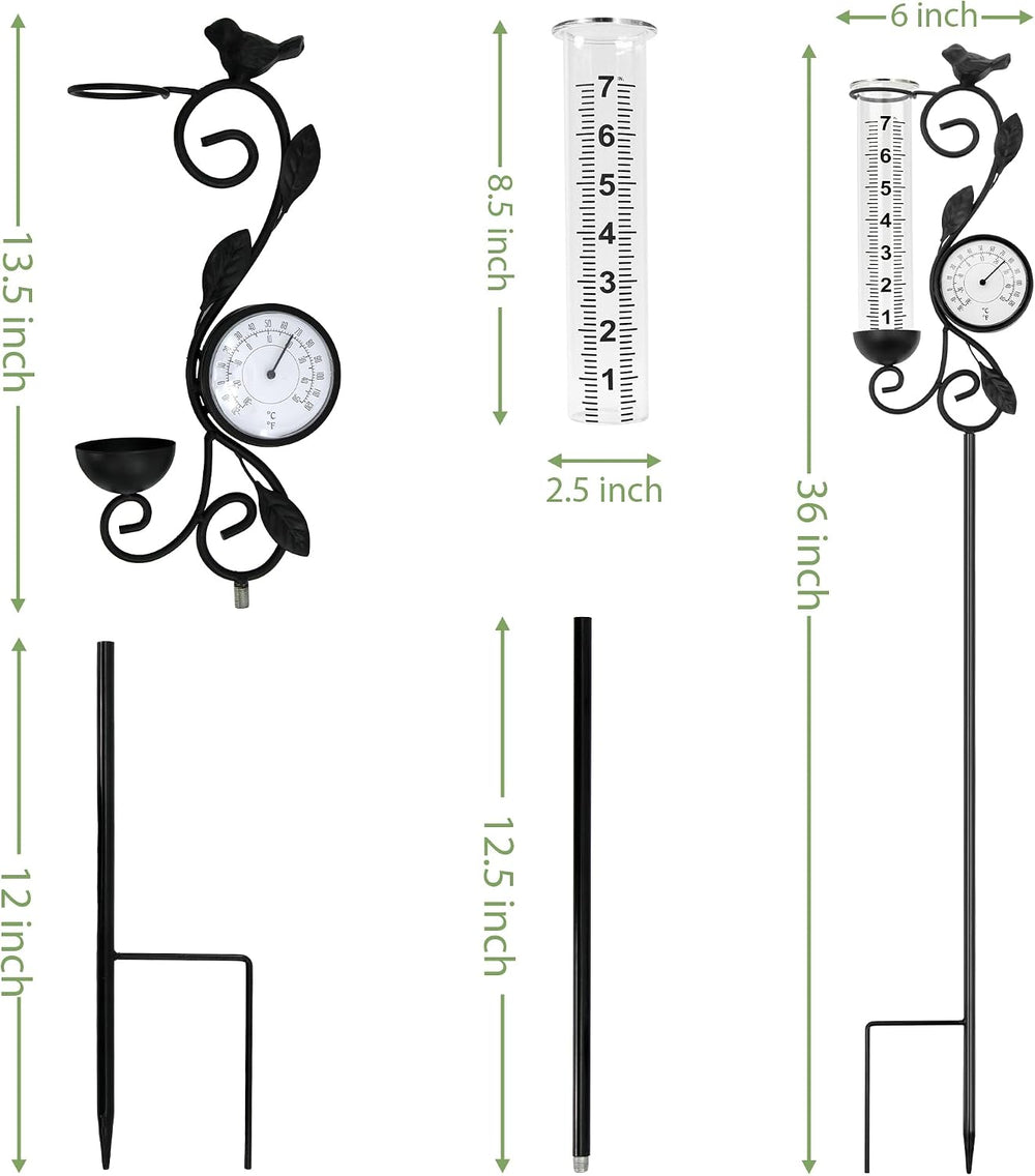 36in Black Bird Rain Gauge Thermometer Metal Garden Stake Decor