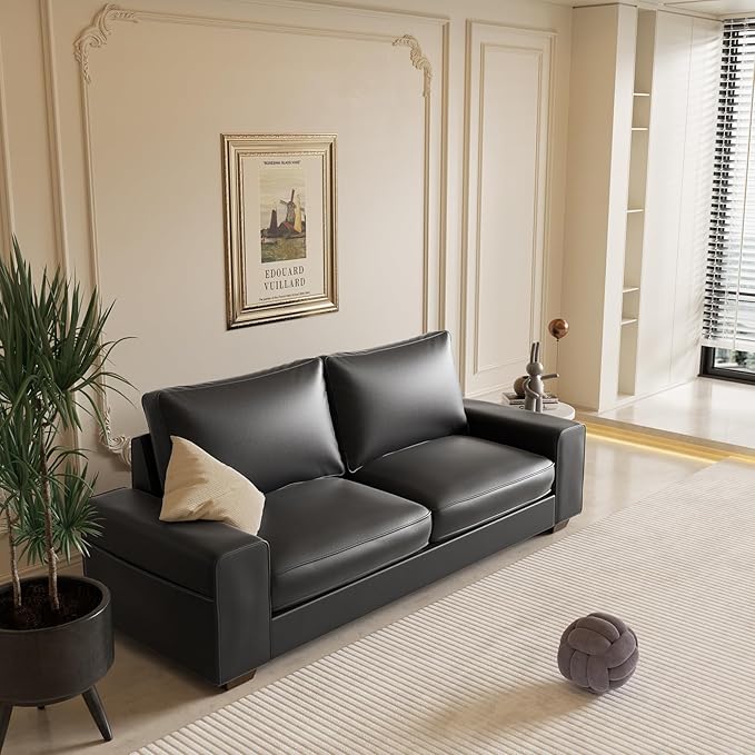 Faux Leather Couch, Mid Century Modern Comfy Loveseat Sofa with Wide Arm, Side Pockets, Solid Wooden Frame for Office, Living Room and Bedroom, 3 Seater (Black, 88.58 inches)