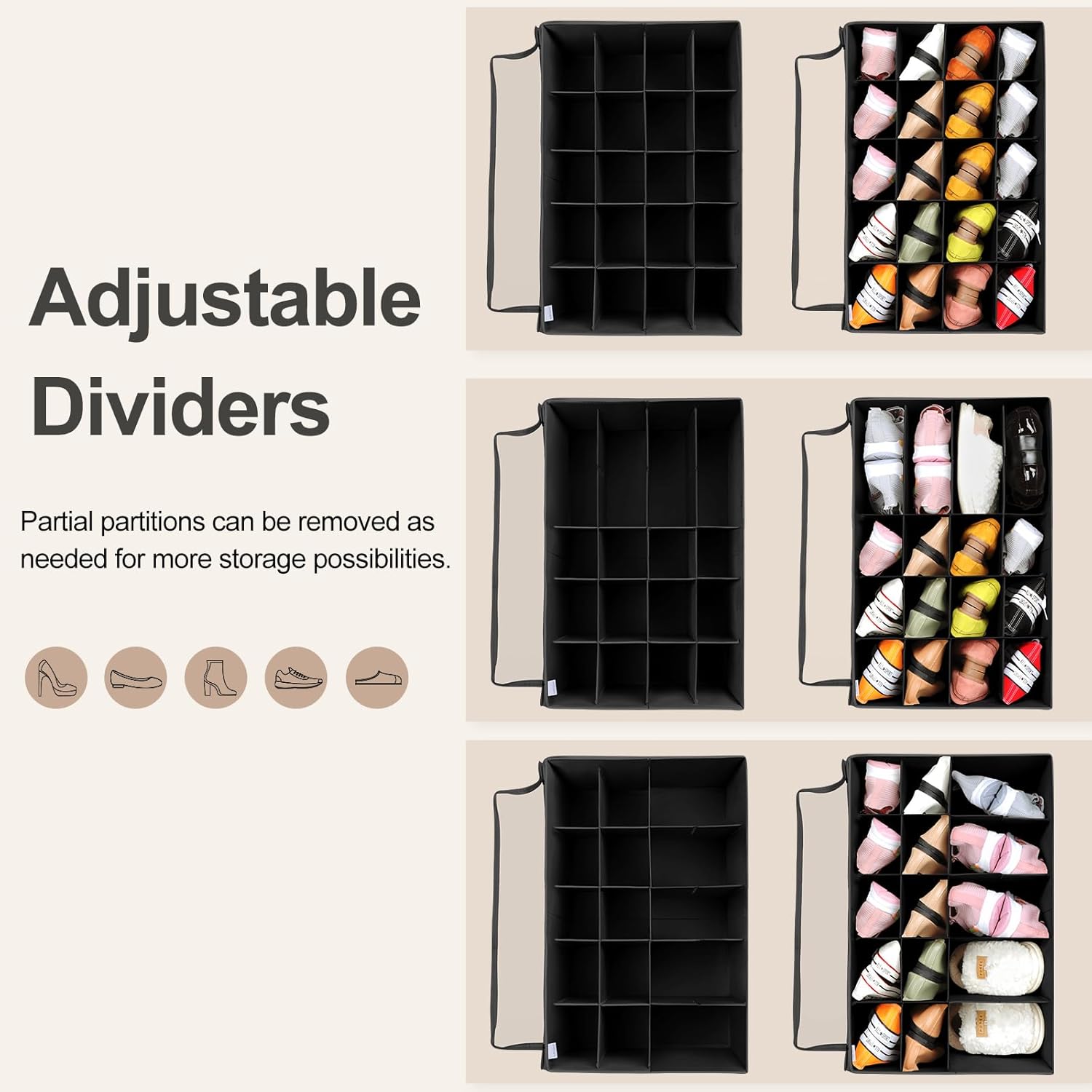 Shoe Organizer for Closet 2 Pack, Foldable Shoe Box with Adjustable Divider and Clear Cover, Space Saving Shoe Storage Organizer Cabinet with Reinforced Handles, Fits 40 Pair, Black, TP11B