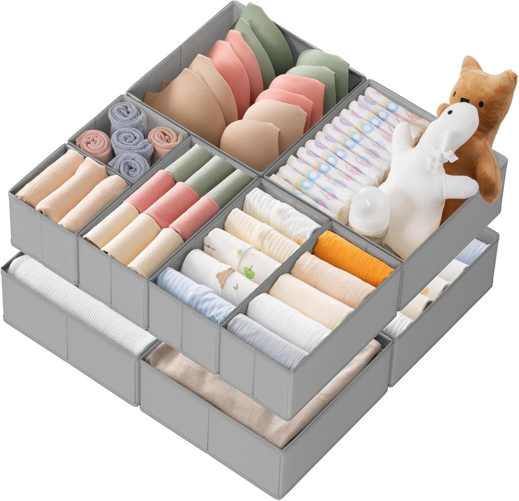 Criusia Drawer Organizer Clothes, 10 Pack Dresser Organizer for Baby Clothes, Underwear, Sock- Foldable Closet Organization and Storage Dividers Bins for Nursery, Bedroom (Grey)