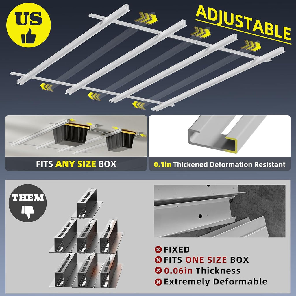 Overhead Garage Storage Rack Extra Large-Organizes Up to 15 Tote Bins 0.1-inch Thickened Heavy Alloy Steel Garage Tote Storage System with Adjustable Rails-Ceiling Storage Rack