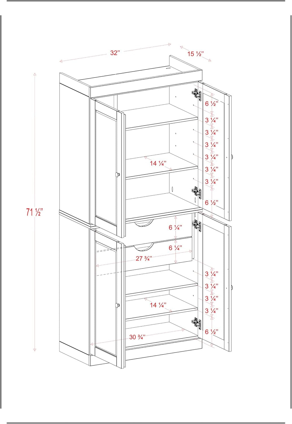 Palace Imports Solid Wood Kitchen Pantry - 71.5" H x 32" W Tall Sto...