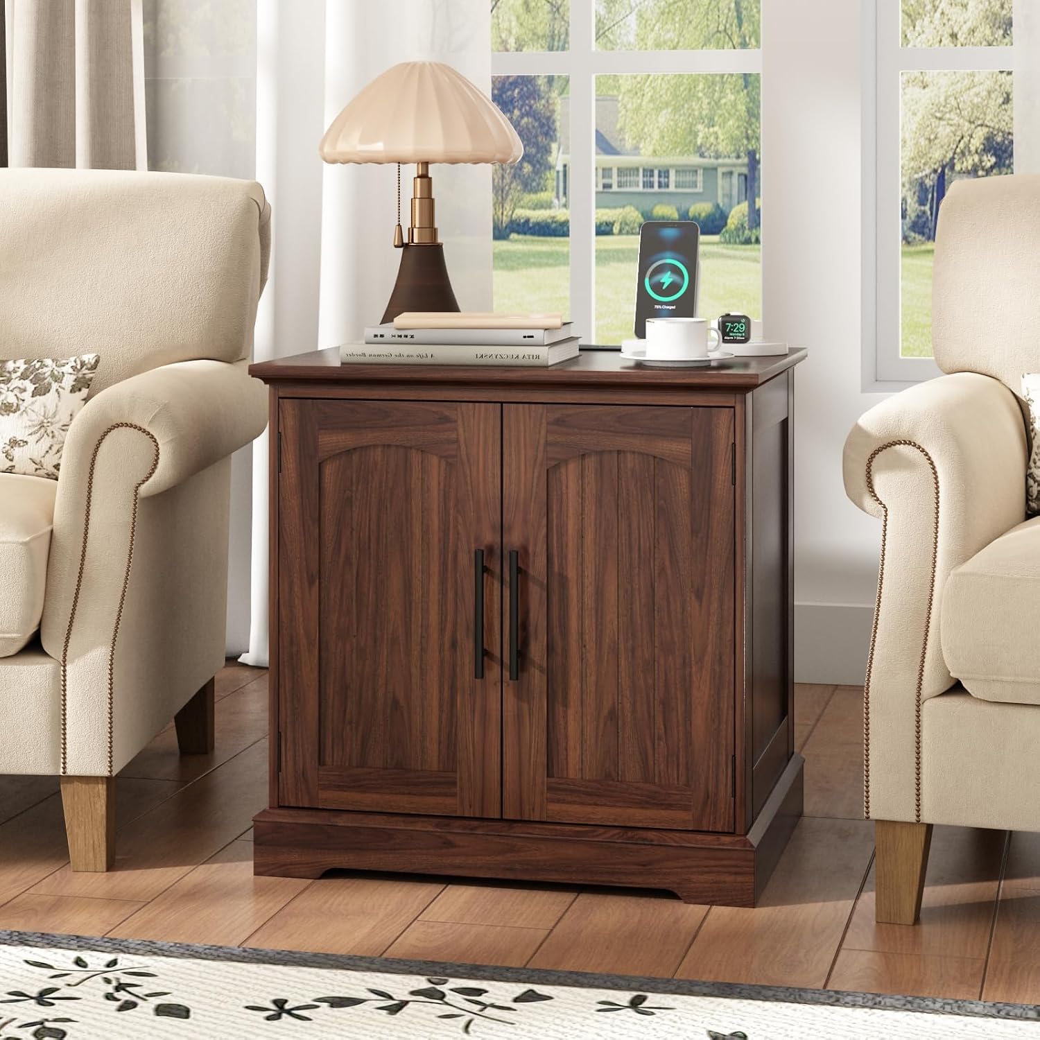 HOKYHOKY Rattan End Table with Charging Station, 24" Large Sofa Side Tabl | 2 Arched Doors, Boho Wood Square Nightstand, Bedside Tables with Adjustable Storage Shelf, Living Room, Bedroom