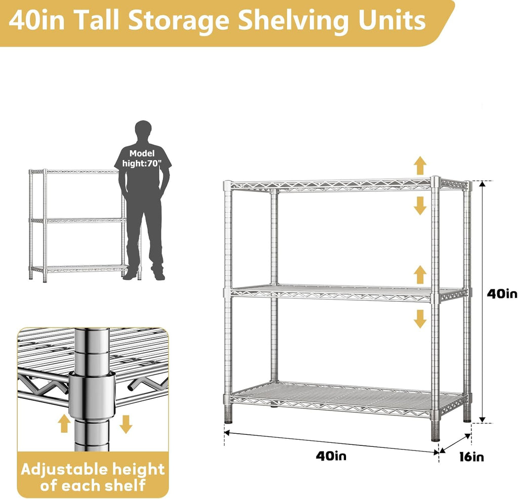 ROOMTEC 3-Tier Wire Shelving Unit,40" W*16" D*36" H,Max Load 1200 lbs | Small Garage Shelves,Adjustable Storage Rack, Metal Shelf for Kitchen, Pantry, Laundry Room, Basement