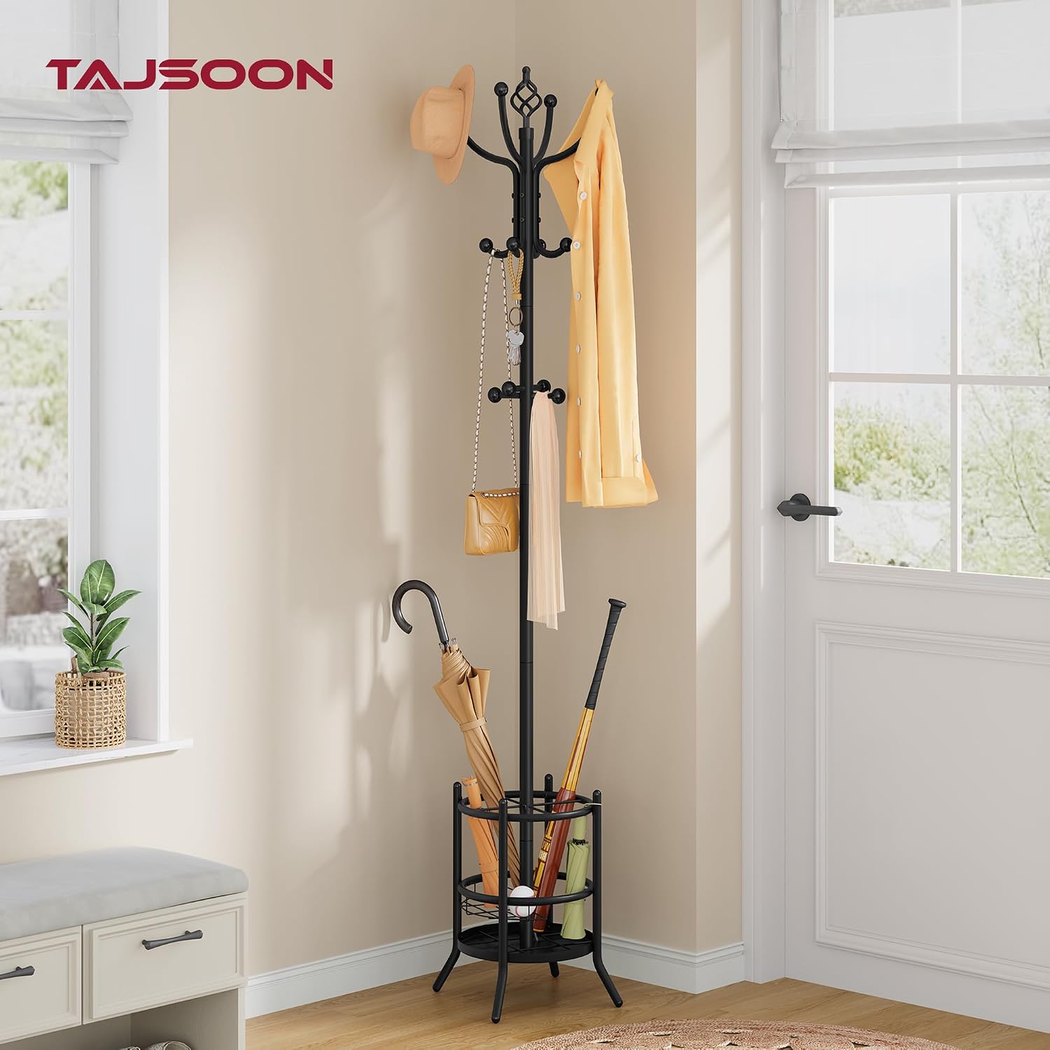 Tajsoon Coat Rack Stand with Umbrella Holder, Coat Tree Freestanding with 16 Hooks, Coat Hangers Stand for Living Room, Bedroom, Office, Black