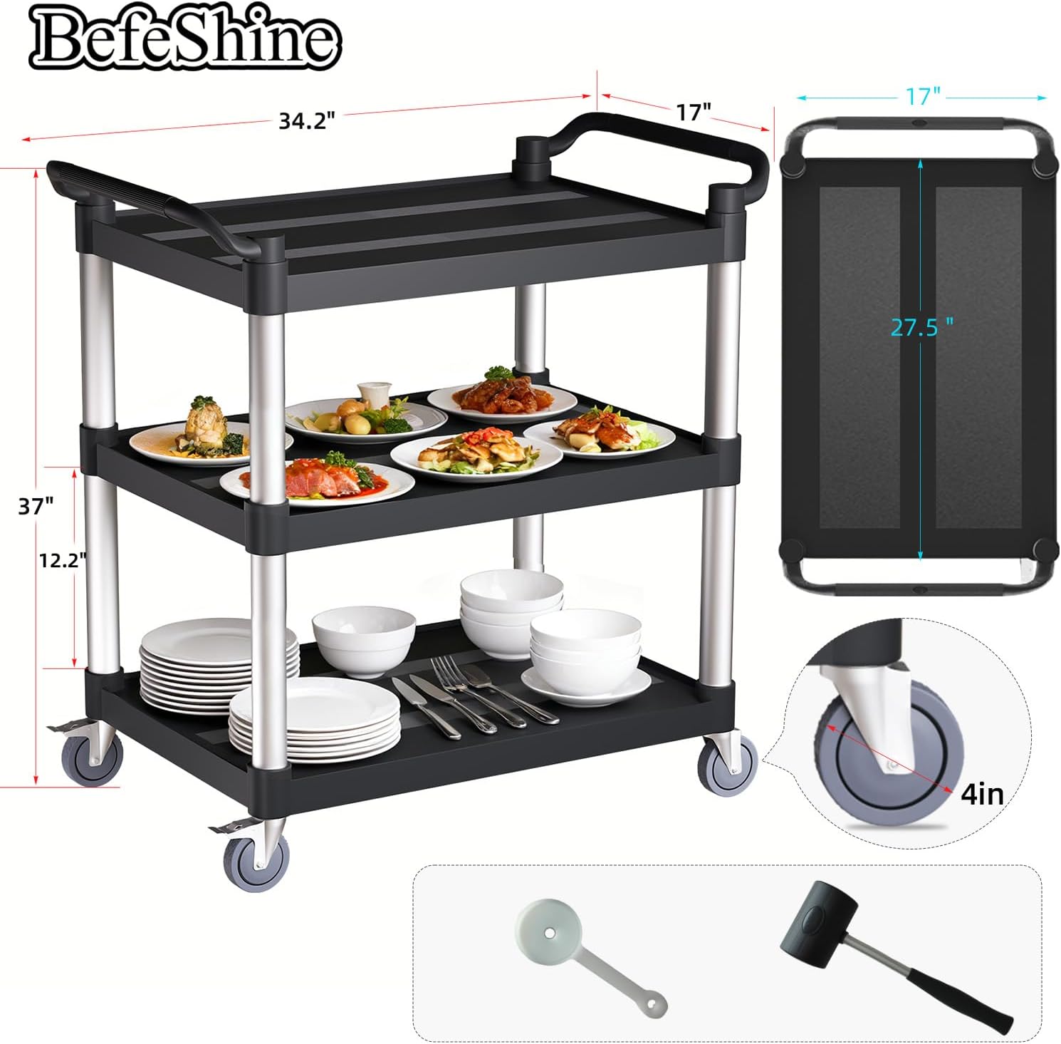3 Tier Rolling Cart with Hair-Proof Wheels, Plastic Utility Service Cart, Heavy Duty 350 Lbs Capacity, Solid Handle, Commercial Serving Cart for Home/Office/Restaurant/Warehouse.34.2"×17"×37"