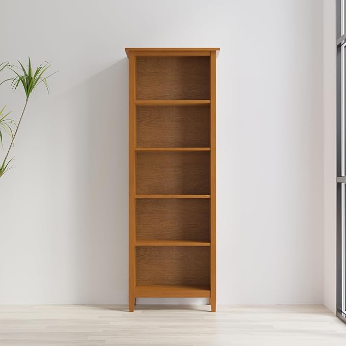 SIMPLIHOME Warm Shaker Bookcase - 72 inch Tall 5-Shelf Solid Wood Bookshelf in Light Golden Brown, Transitional Storage for Living Room, Study Room or Office with Adjustable Shelves and Tapered Legs