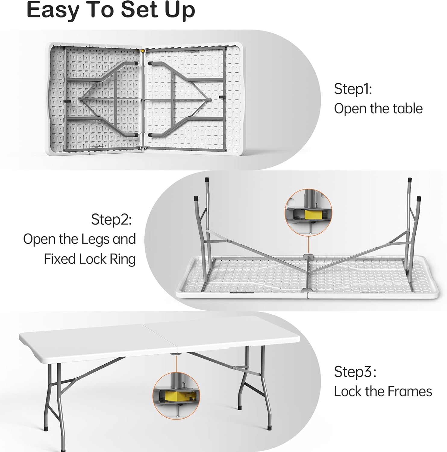 VSOAEIL Set of 2 6 Foot Folding Table for Indoor Outdoor, Portable Heavy Duty Fold-in-Half Utility Plastic Foldable Dining Table with Carrying Handle for Picnic, Camping and Party, 2 Pack White