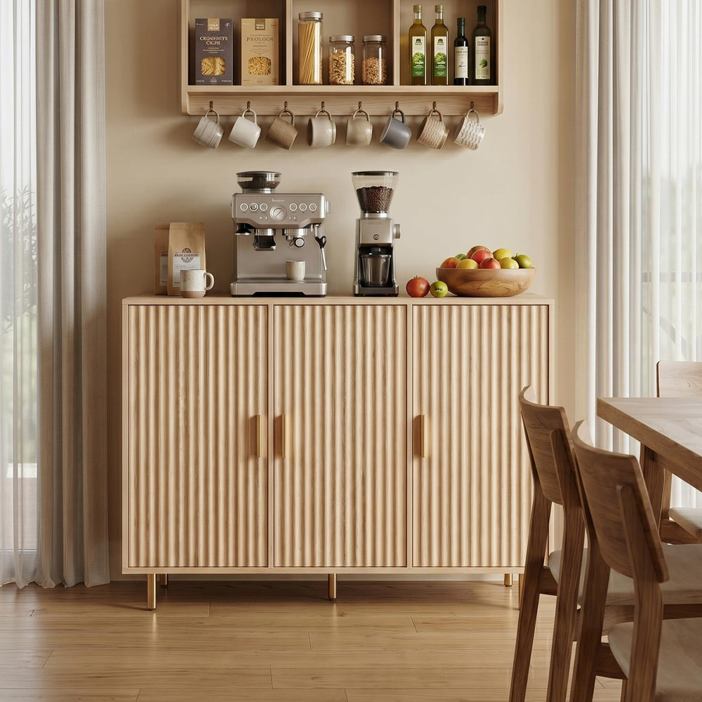 DIYART Oak Sideboard Buffet Cabinet, Accent Coffee Bar Cabinet with 3 Doors, ...