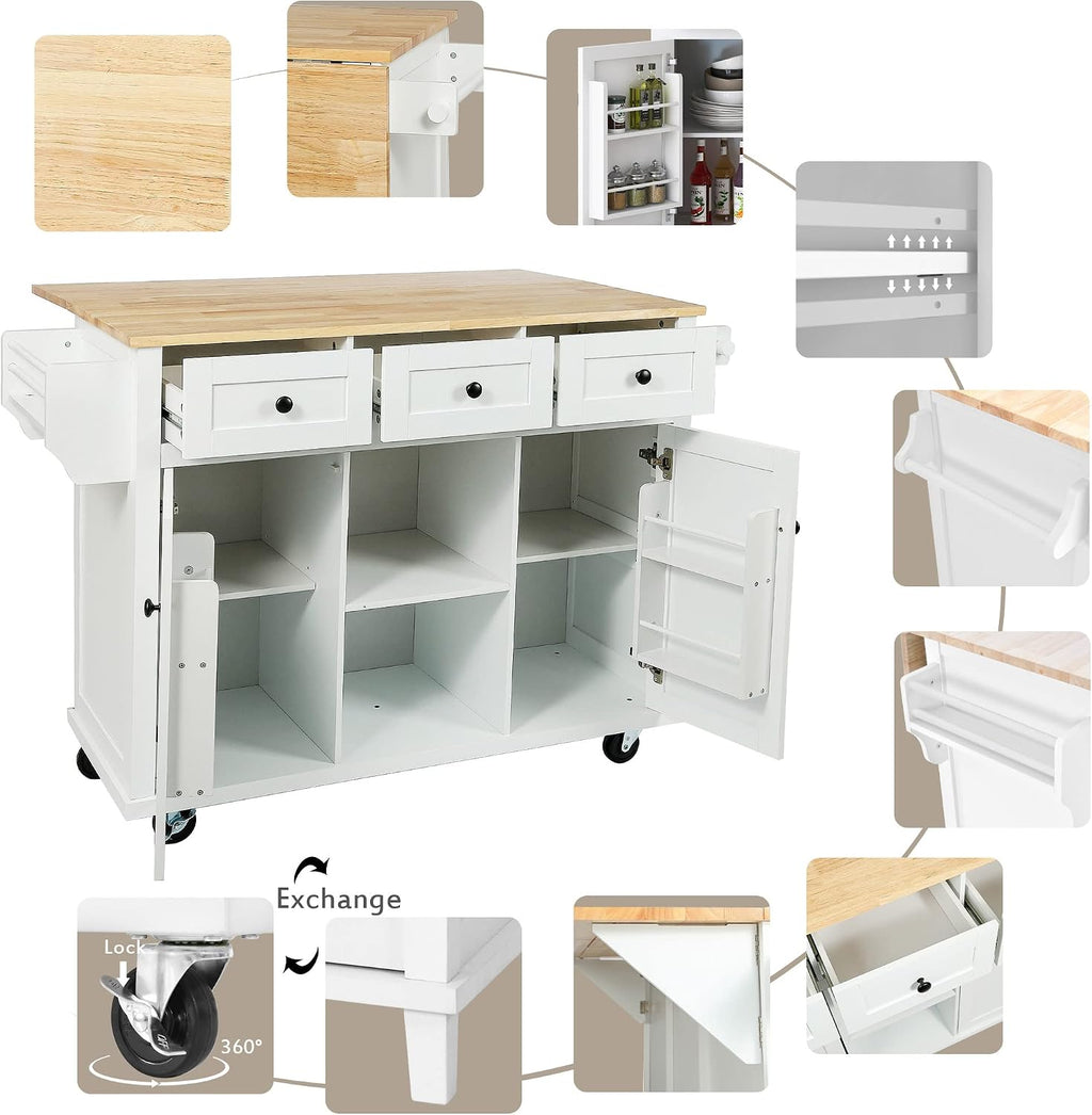 LUMISOL Rolling Kitchen Island with Drop Leaf and Storage, White | Kitchen Cart with 3 Drawers and 2 Cabinets, for Dinning Room