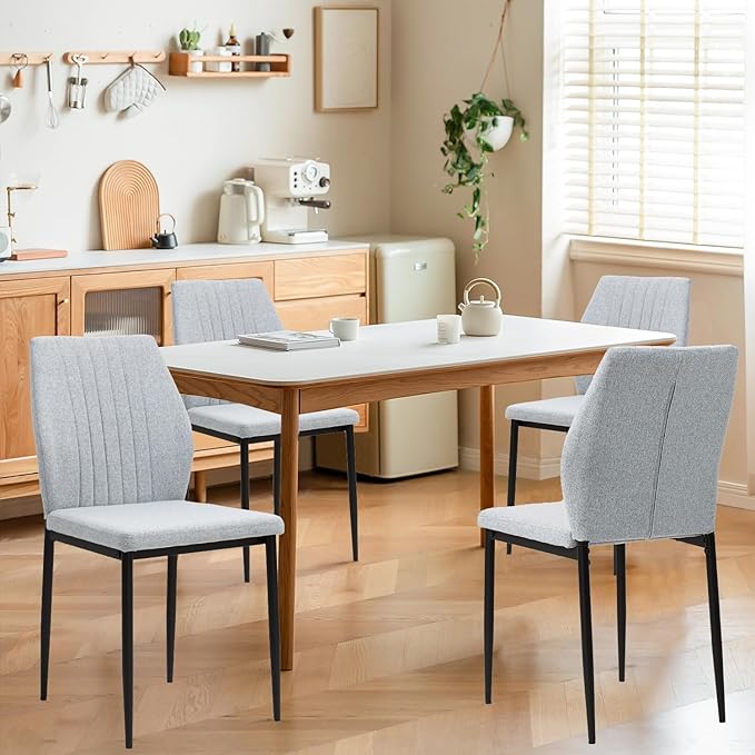 Dining Chairs Set of 4, Upholstered Wooden Dining Room Chairs, Mid Century Modern Fabric Kitchen Chair with Metal Legs Chenille Fabric for Kitchen/Restaurant/Hotel- Light Gray (Only Chairs)
