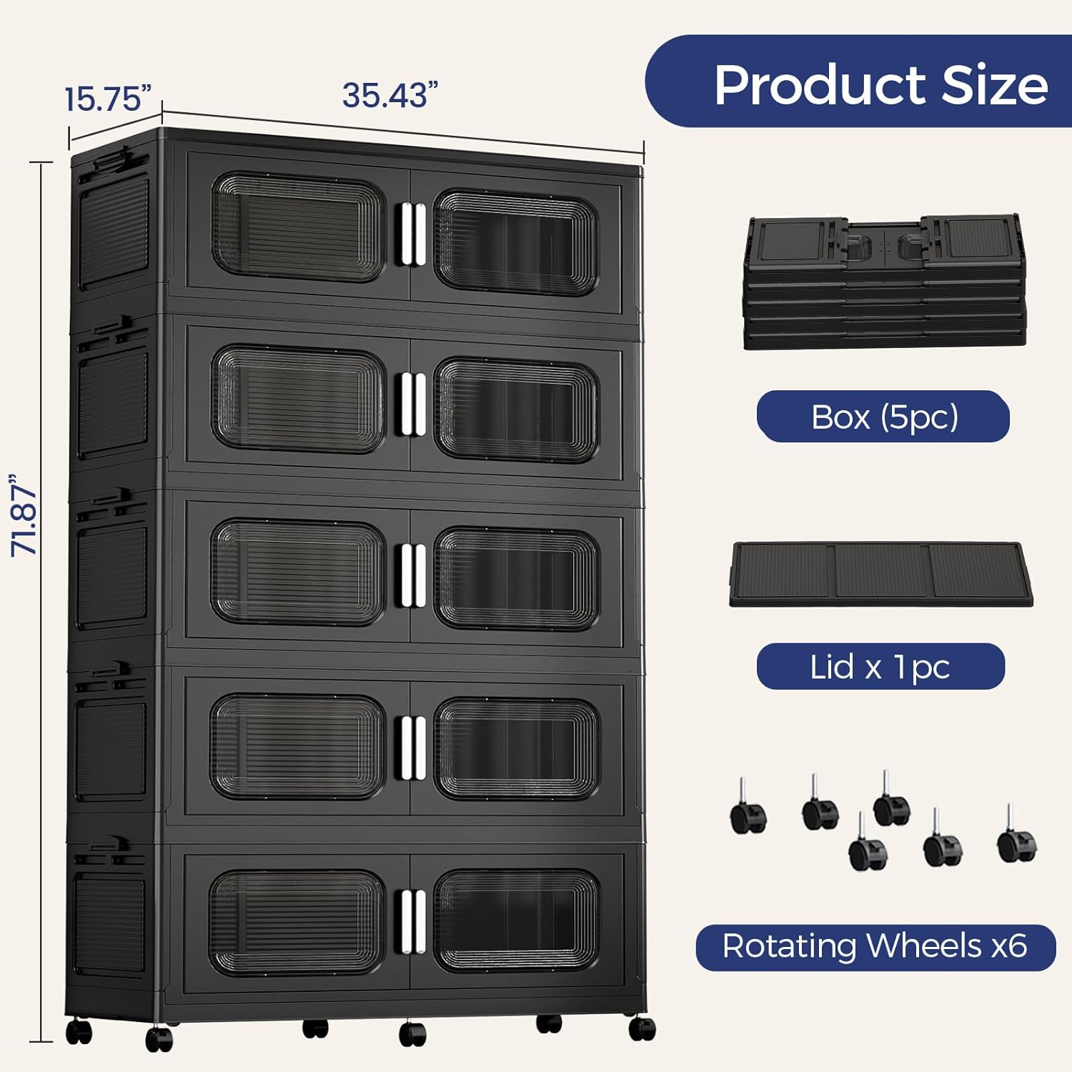 250 Gallon Extra Large Storage Bin with Lid and Wheels, Stackable Collapsible Plastic Storage Box with Door, Foldable Organizer for Closet, Kitchen, Office, Living Room, 5 Pack Black