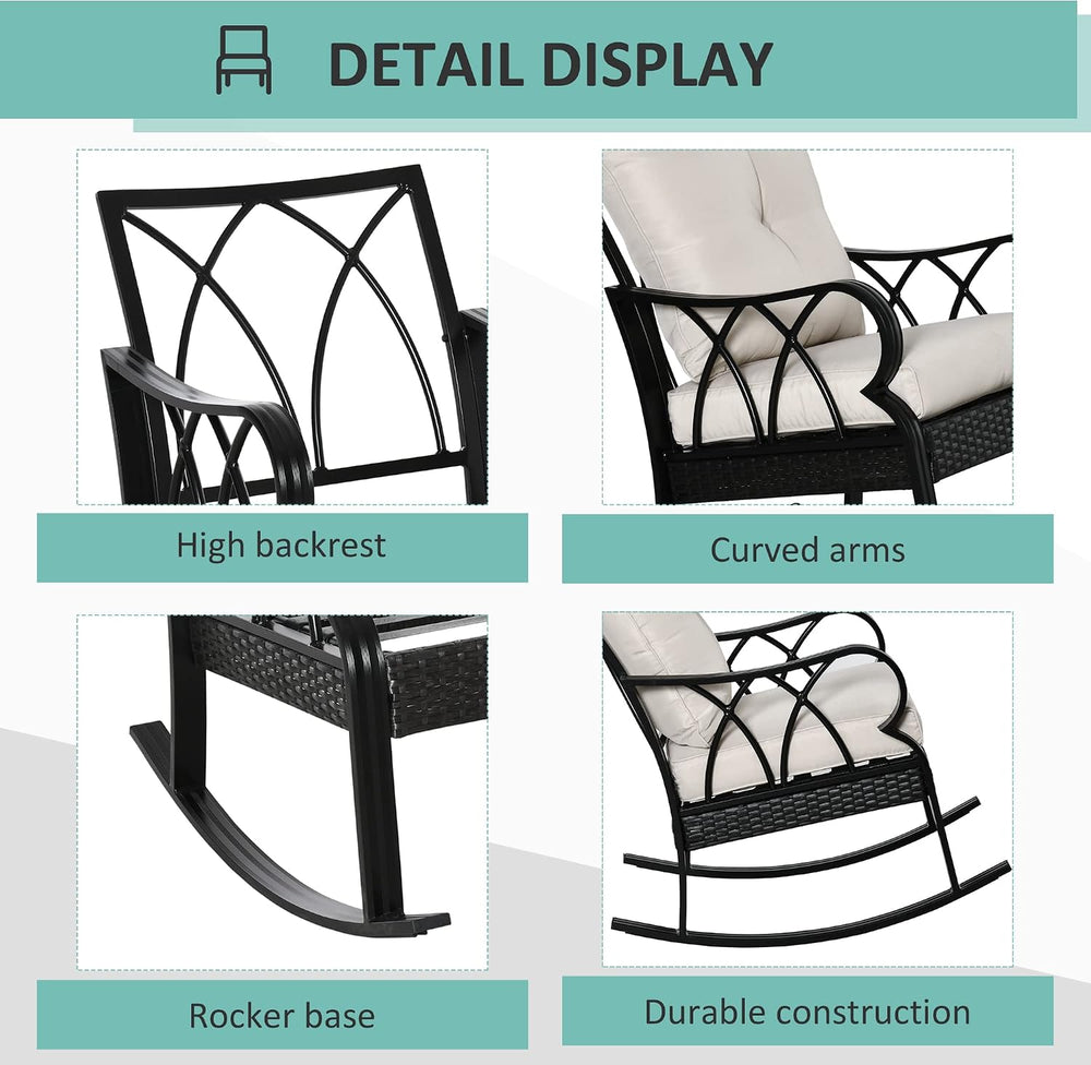 Outsunny Outdoor Wicker Rocking Chair with Padded Cushions, Aluminum Furnitur...
