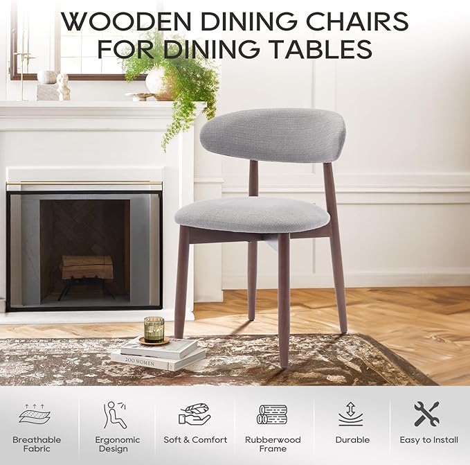 COLAMY Wooden Dining Chairs Set of 6, Modern Fabric Upholstered Dining Room Chair, Farmhouse Kitchen Chair with Foot Pegs, Light Grey