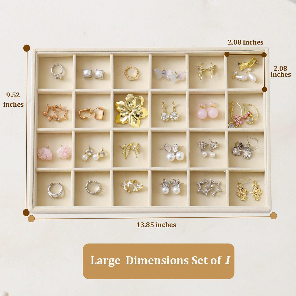 Large Jewelry Organizer for Drawer Insert Velvet Stackable Jewelry Trays for Earring Necklace Bracelet Ring Display (Beige, 24 Grids)