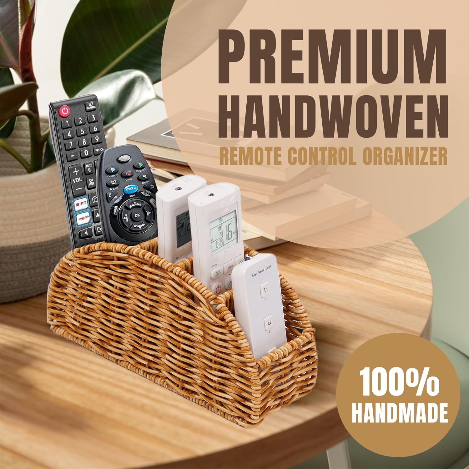 5-Compartment Remote Control Holder – Synthetic Rattan Organizer for TV Remotes, Makeup Brushes, Office Supplies, Stylish Wicker Desk Caddy for Living Room, Bedroom, Office, Patent Pending (Natural)