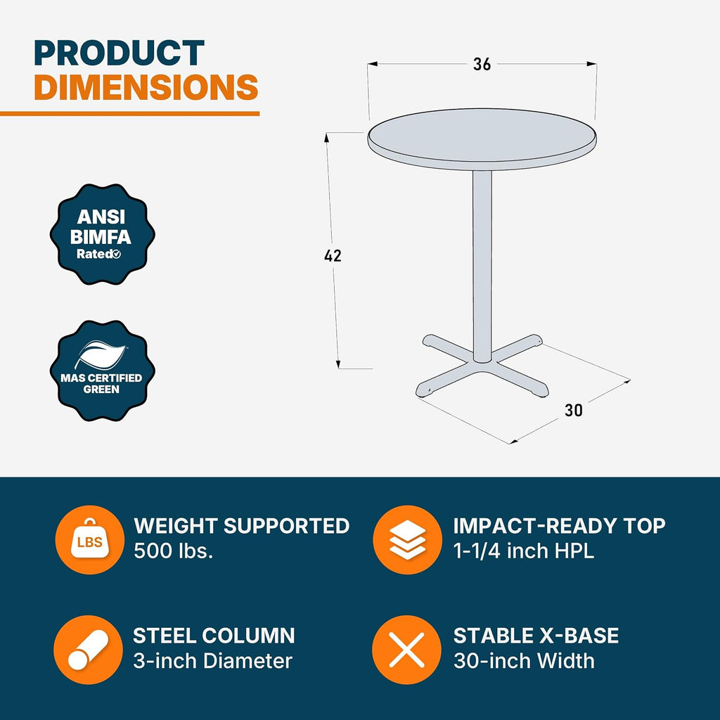 OEF Furnishings OEFCT13636XBGY Premium Commercial-Grade Restaurant and Breakroom Cafe Table (Round, 36 in Diameter, 42 in Bar Height, X-Base, Black Frame, Gray Nebula Laminate)