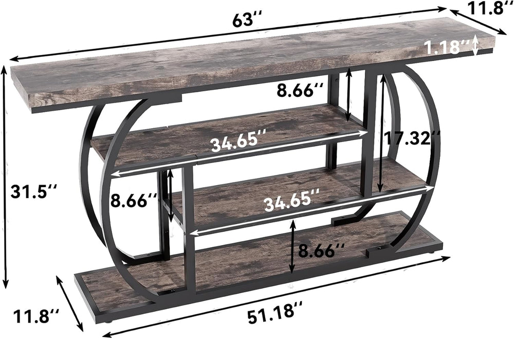 63" Narrow Console Table with Storage, 4-Tier Sofa Table Behind Couch, I...