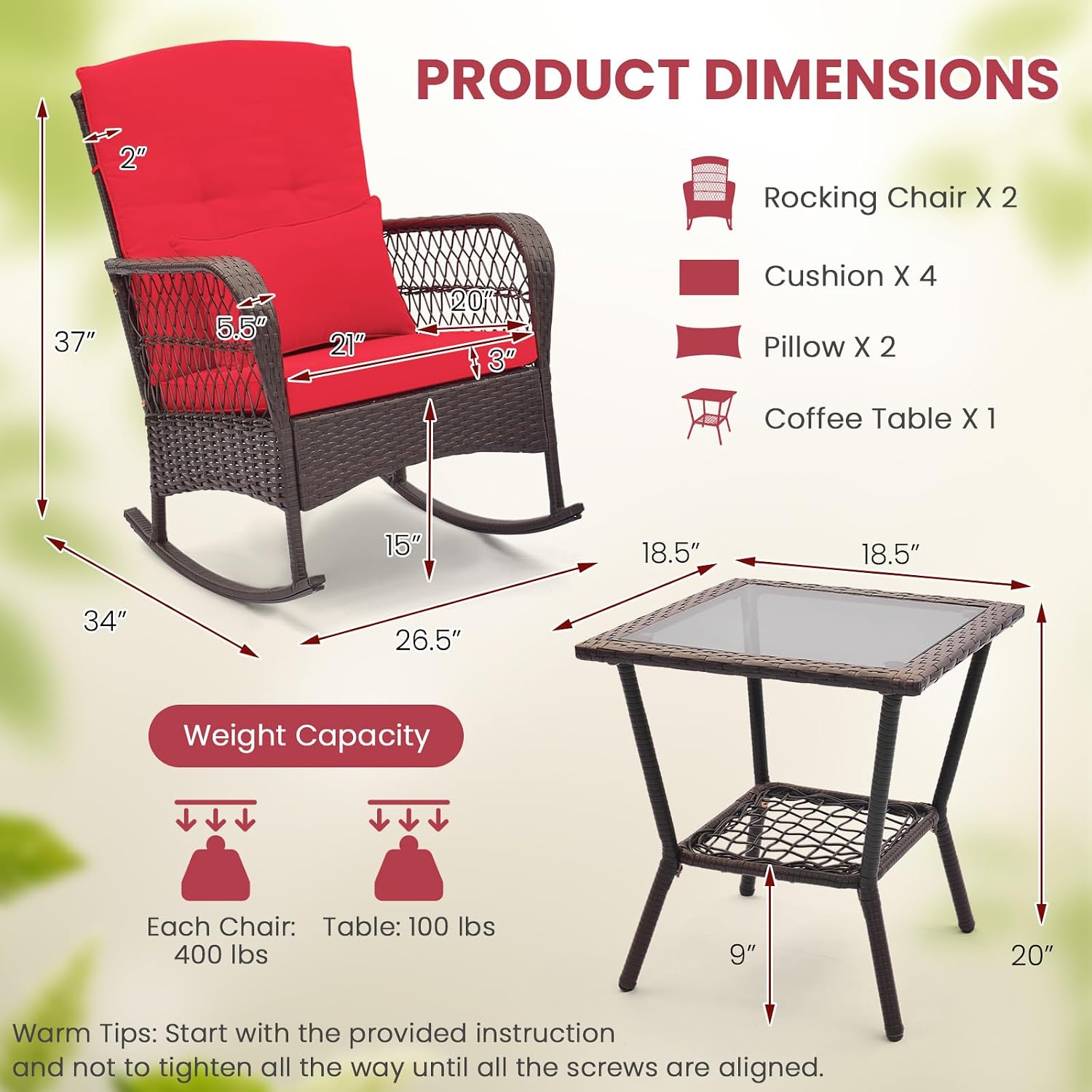 ORALNER 3 Pieces Patio Rocking Chair Set, Wicker Bistro Set (Red) | Outdoor Furniture, Rattan Rocker Set, Cushions, Pillows, Glass Coffee Table, for Balcony Front Porch Poolside Garden Deck