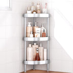 Nieifi Corner Shower Caddy Stand-3 Tier Rustproof Anodized Aluminum Standing Shower Organizer-Shower Caddy Corner-Dual Stability to Anti-Shaking-Height-Adjustable Legs for Uneven Surfaces-Silver