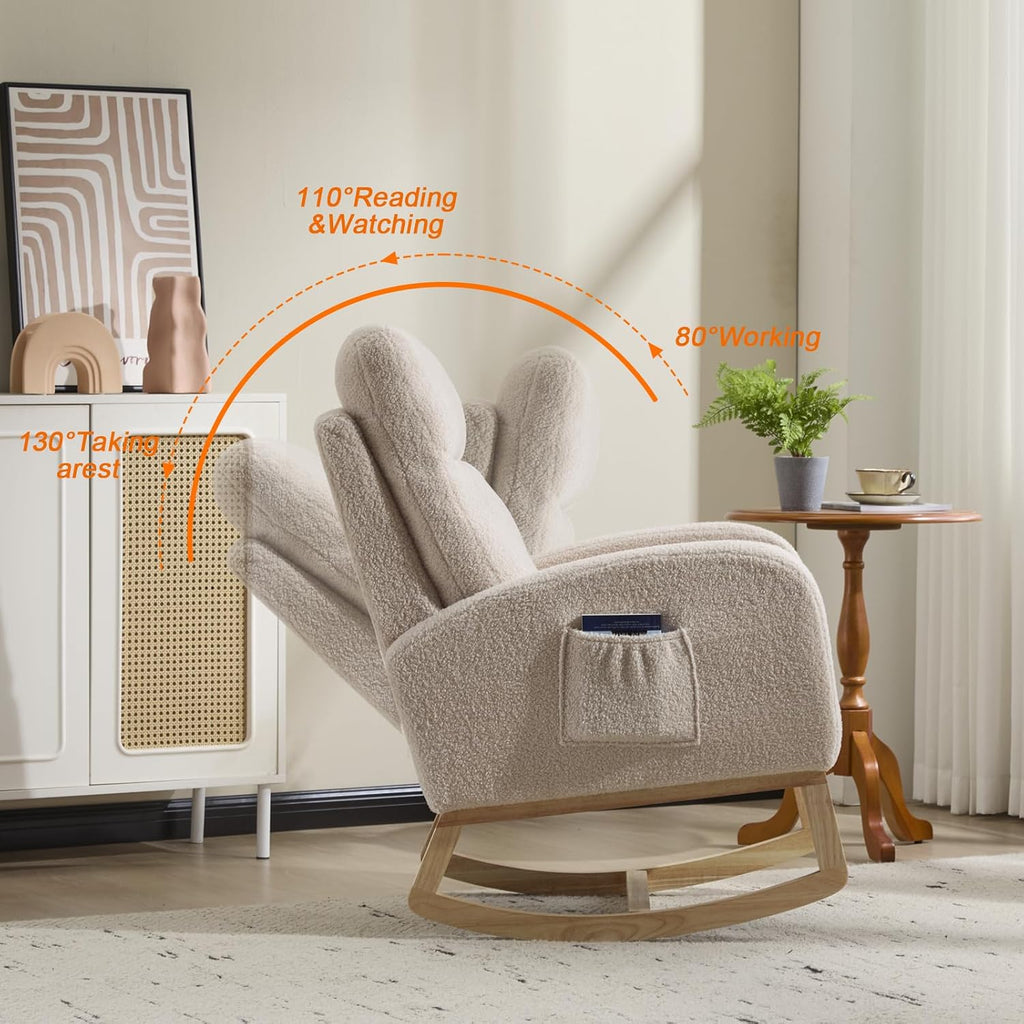 Rocking Chair Nursery, Nursing Rocking Chair with High Backrest for Mom Nursery, Sherpa Armchair Glider Rocker with Side Pocket, Upholstered Lounge Chair for Living Room, Bedroom, Teddy Geige