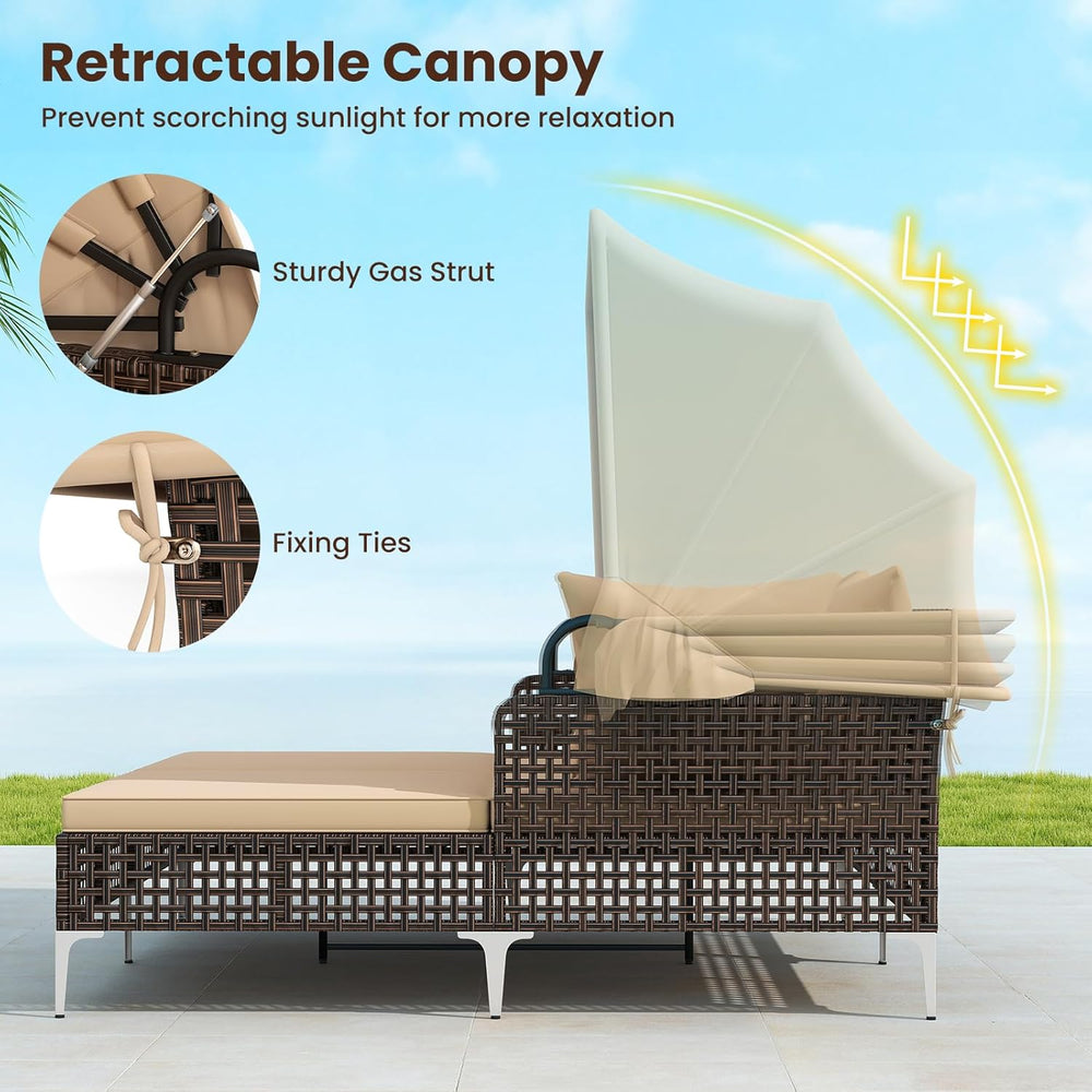 Tangkula Outdoor Rattan Daybed with Retractable Canopy, Boho Patio Wicker Sun...