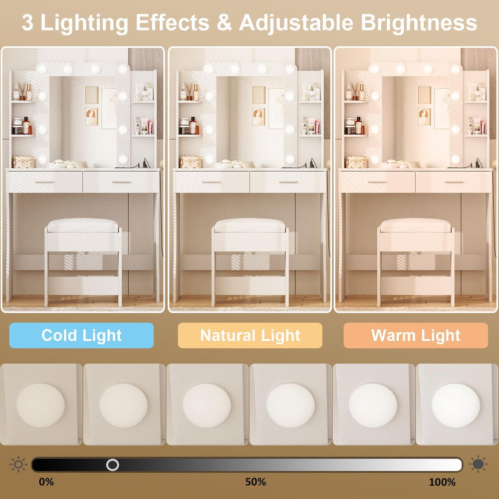 Vabches Vanity Desk with Mirror and Lights,Makeup Vanity Table with Charging ...