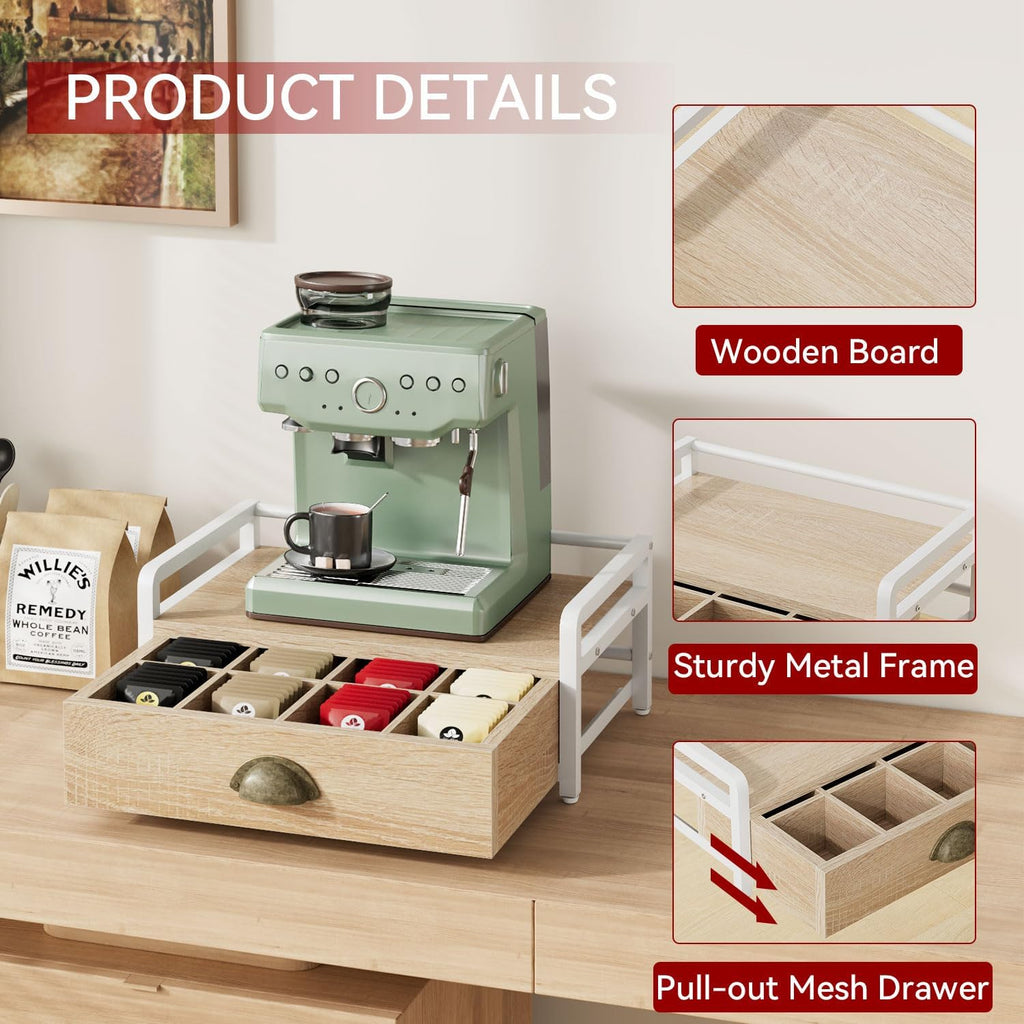 IBUYKE Tea Bag Organizer for Countertop,2 Tier Tea Box Organizer with Drawer,Wood Tea Bag Holder with Metal Frame,Tea Station Organizer for Kitchen Cabinet,Coffee Station,Office,Natural UTCJ004R
