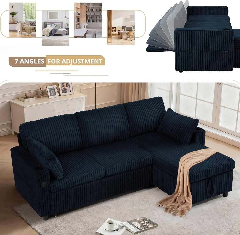 84" Corduroy Pull Out Sofa Bed w/Adjustable Backrests, Blue
