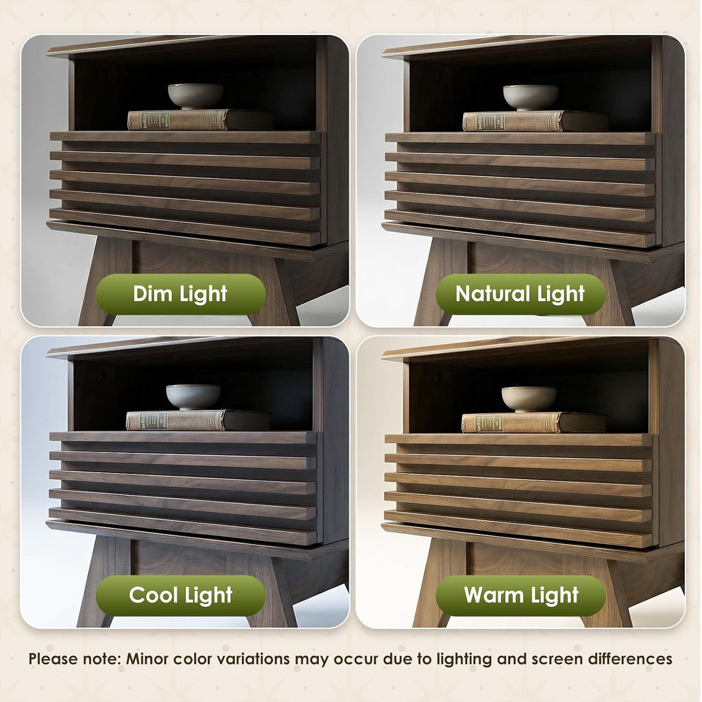 AODK 19 Inch Wide Fluted Nightstand Set of 2 with Drawer, Dark Walnut | Open Storage Shelf, Smooth Metal Slides, 4 Stable Legs, Mid Century Modern Style for Bedroom and Living Room