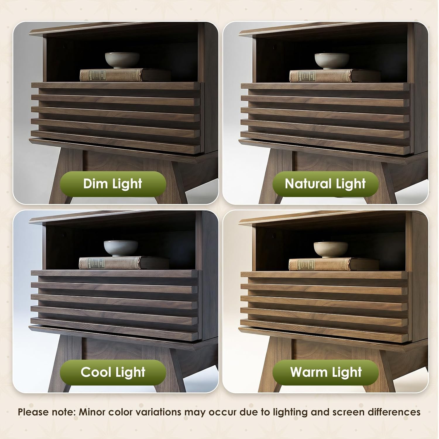 AODK 19 Inch Wide Fluted Nightstand Set of 2 with Drawer, Dark Walnut | Open Storage Shelf, Smooth Metal Slides, 4 Stable Legs, Mid Century Modern Style for Bedroom and Living Room
