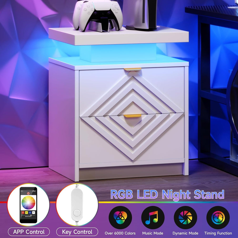 White Nightstand with Charging Station and LED Lights, Smart Night Stand, Mod...