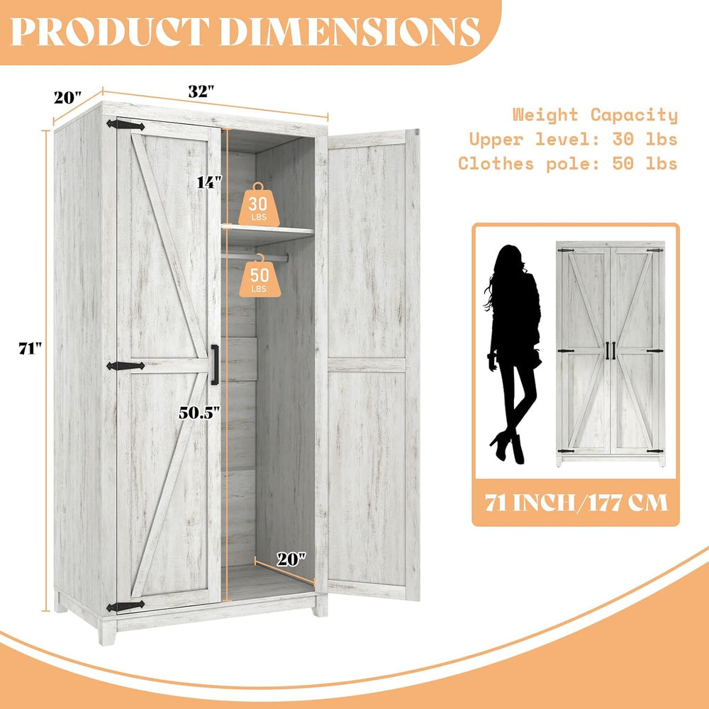 AMERLIFE 71" Farmhouse Wardrobe Closet with Hanging Rod & Barn Doors...