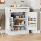 Small Pantry Cabinet with Drawer, Kitchen Storage Cabinet with 2 Adjustable Shelves and 2 Door Shelves, Farmhouse Kitchen Hutch Cabinet Buffet Sideboard Food Storage, White Set of 2