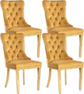 Gold Velvet Dining Chairs Set of 4, Kitchen & Dining Room Chairs, Tufted Upholstered Dining Room Chair, Back Ring Pull Trim, Golden Stainless Steel Legs, Gold