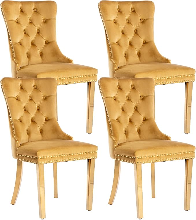 Gold Velvet Dining Chairs Set of 4, Kitchen & Dining Room Chairs, Tufted Upholstered Dining Room Chair, Back Ring Pull Trim, Golden Stainless Steel Legs, Gold