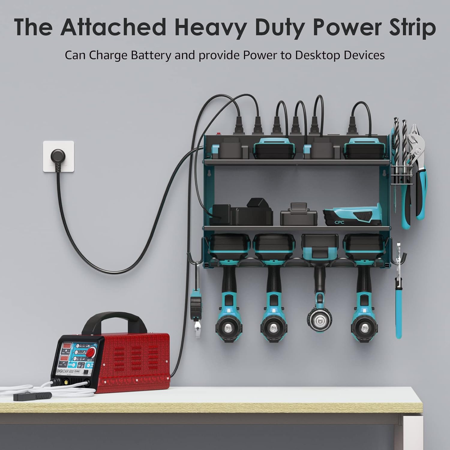 CCCEI Modular Power Tool Organizer Wall Mount with Charging Station. Garage Drill Storage Shelf with Hooks, Heavy Duty Rack, Tool Battery Holder Built in 8 Outlet. Gift for Men. Navy Blue, 1 Pack.
