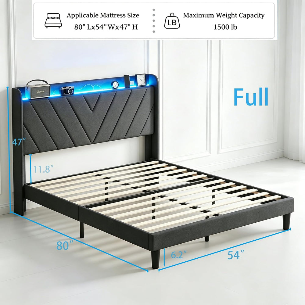 Full Size Bed Frame with Charging Station and LED Lights, Upholstered Wingbac...