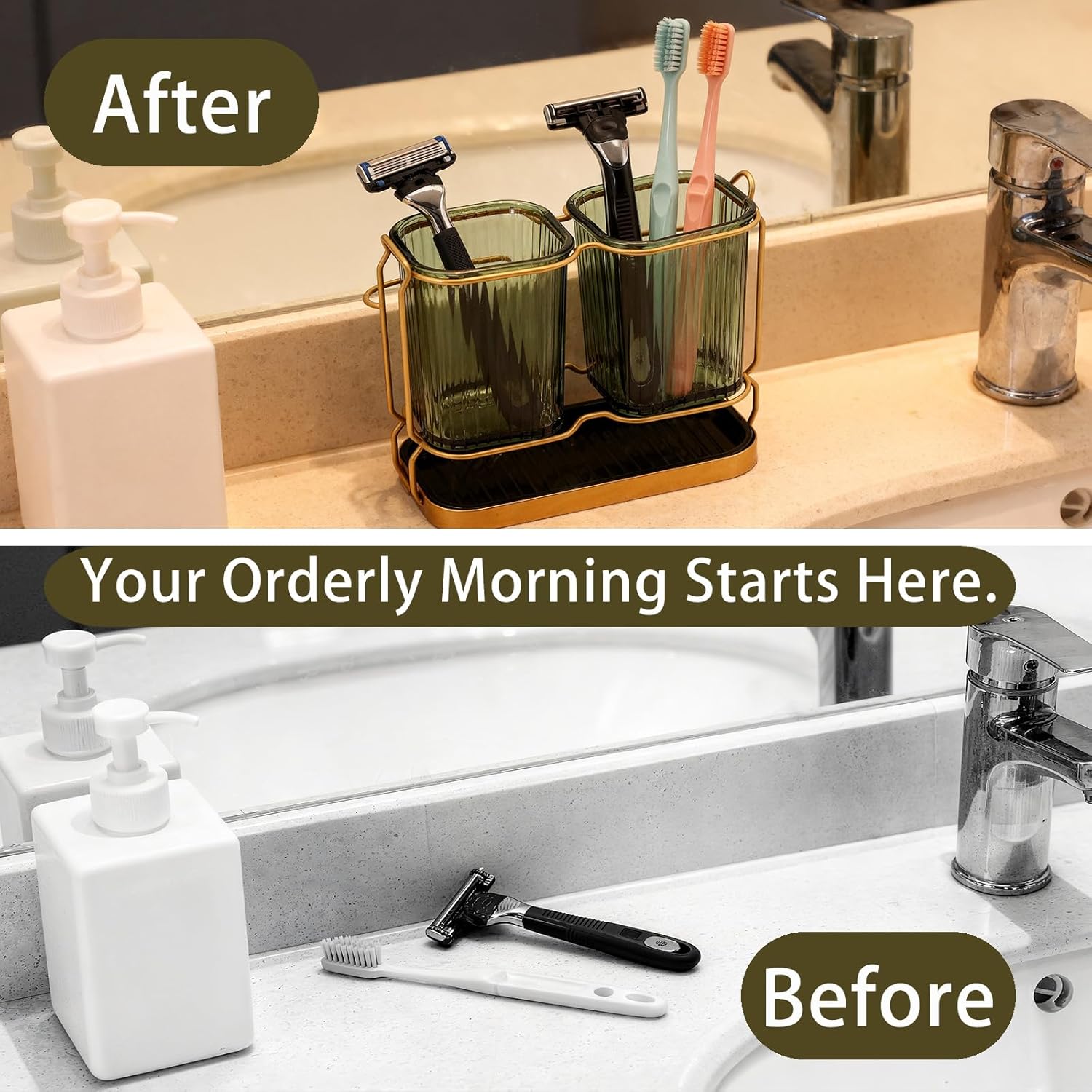 2-Pack Green Toothbrush Holders, Wall Mounted or Countertop Toothbrush Holders with Drain Tray, All-in-One Bathroom Organizers and Storage for Toothpaste, Razors, Family & Kids (Green)