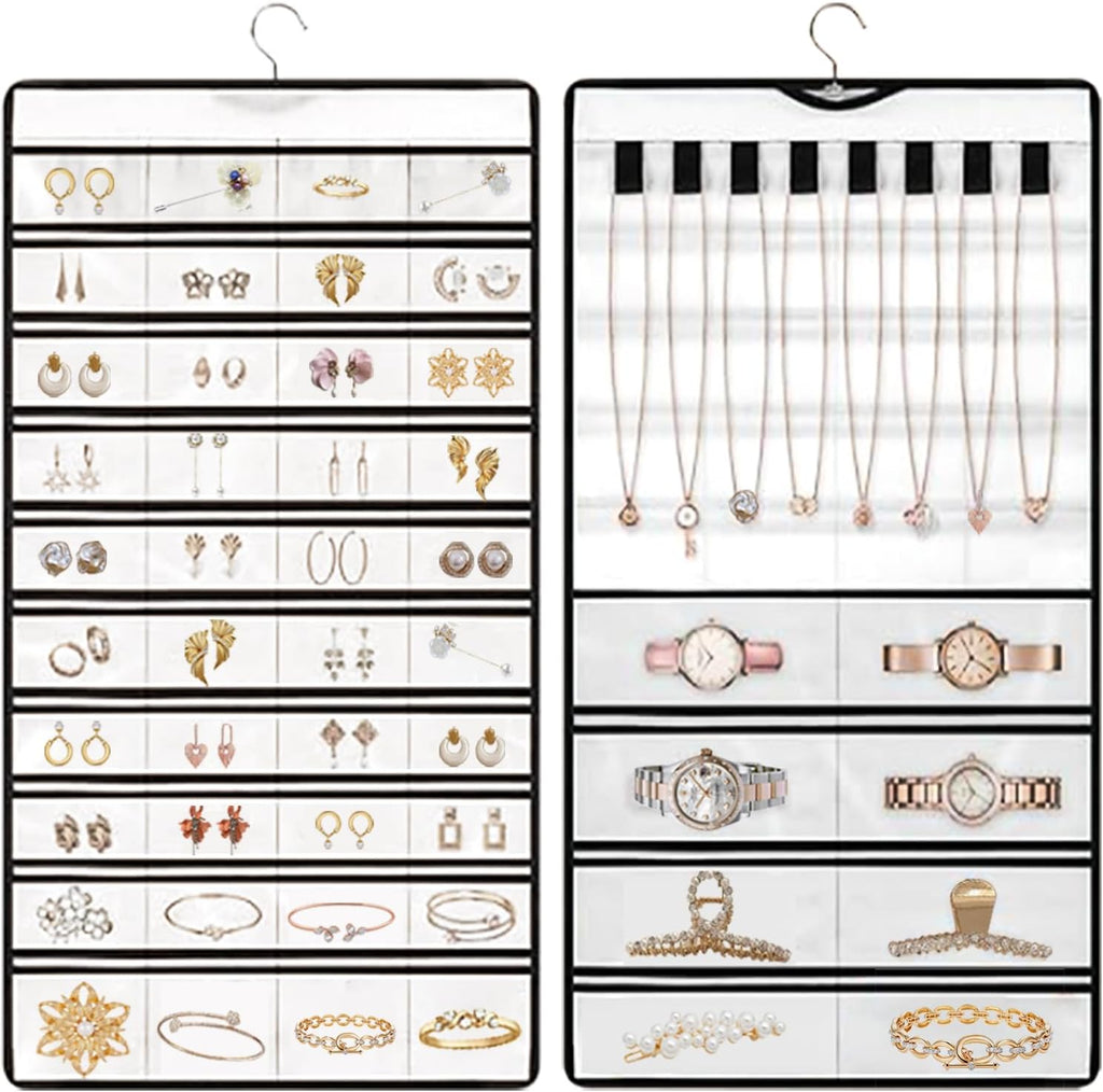 Hanging Jewelry Organizer Storage Earring Jewelry Storage Bag With 48 Pockets Necklace Bracelet Ring Glasses Accessory Display Rack (White)