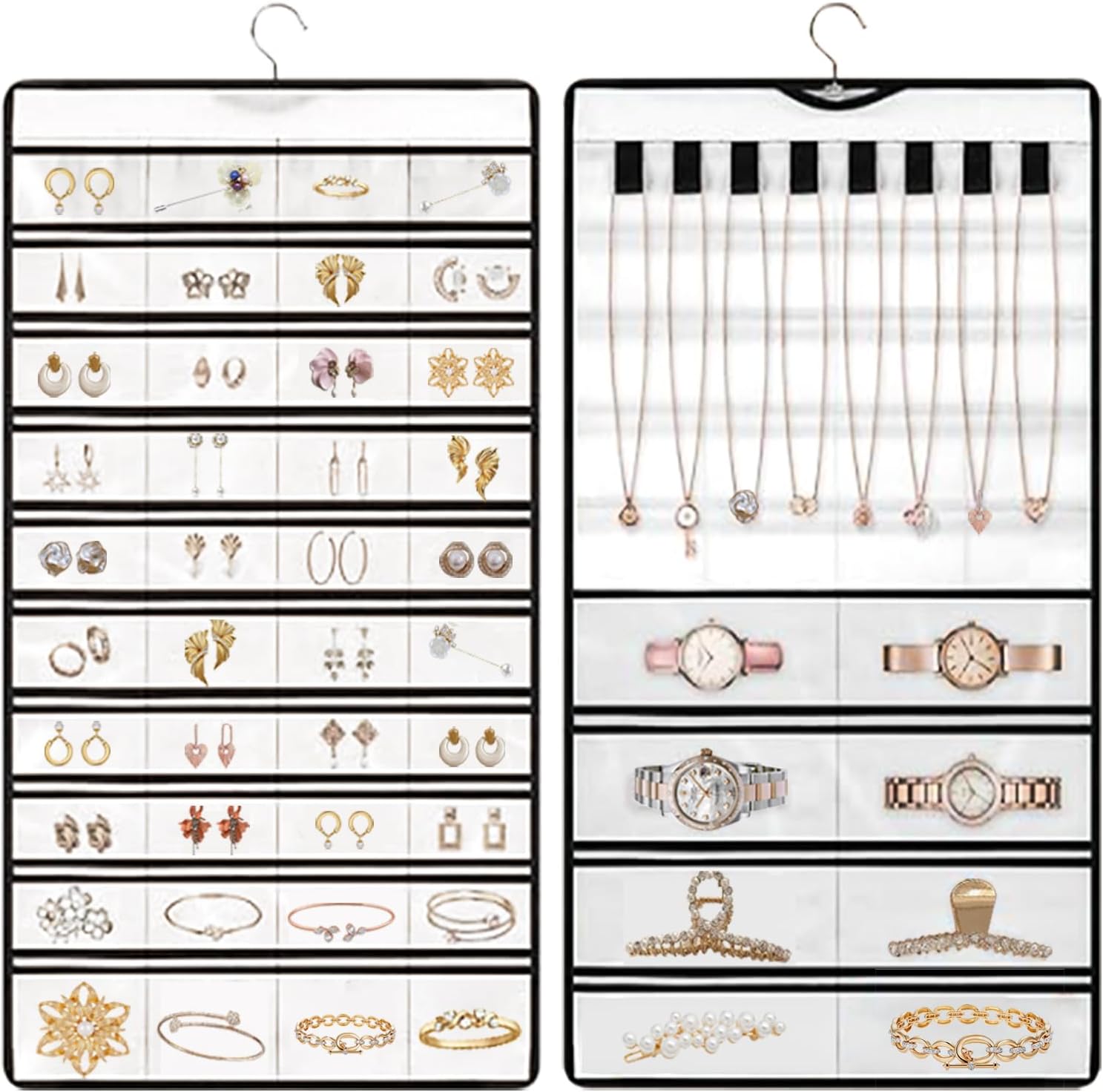 Hanging Jewelry Organizer Storage Earring Jewelry Storage Bag With 48 Pockets Necklace Bracelet Ring Glasses Accessory Display Rack (White)