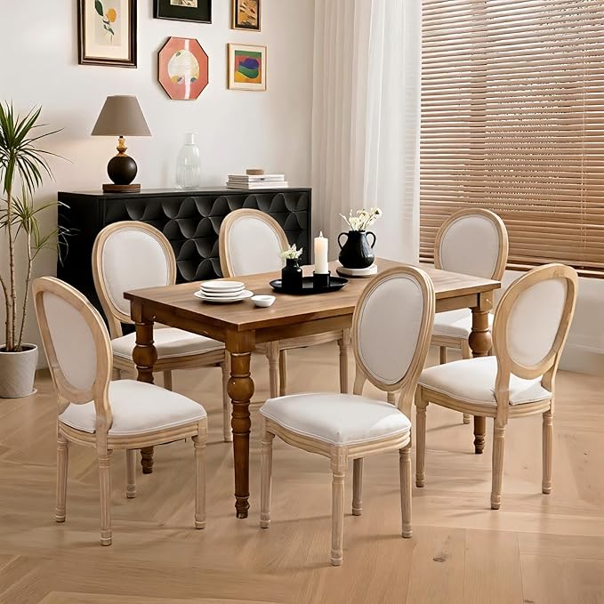 French Country Dining Chairs Set of 6,Farmhouse Upholstered Dining Room Chairs with Round Back and Solid Leg,Fabric Kitchen Side Chairs for Kitchen/Bedroom/Dining Room,Beige