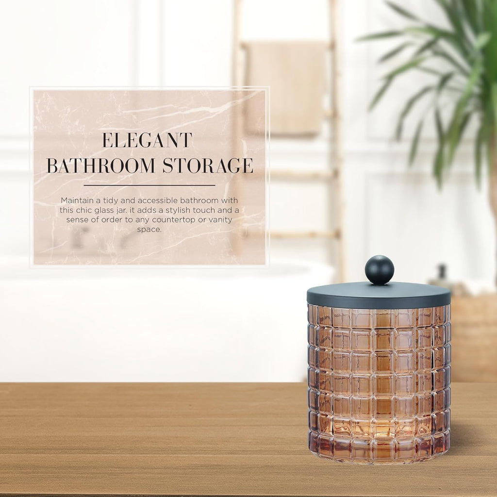 Amber Colored Tranlucent Apothecary Etched Geometric Grid Glass Jar W/Matte Black Metal Lid for Bathroom Organization, Cotton Balls, Q Tips, and Small Accessories, Bathroom Storage