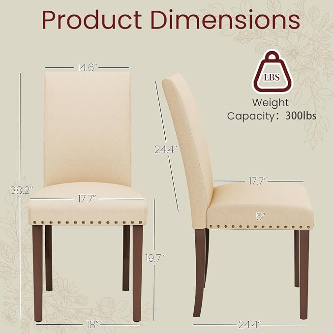 TLSUNNY Upholstered Dining Chairs Set of 2/4, Tufted Parsons Design with Nail Head Trim, Solid Wood Legs and Padded Seat, Comfortable Fabric for Dining Room, Kitchen (Beige, Set of 2)