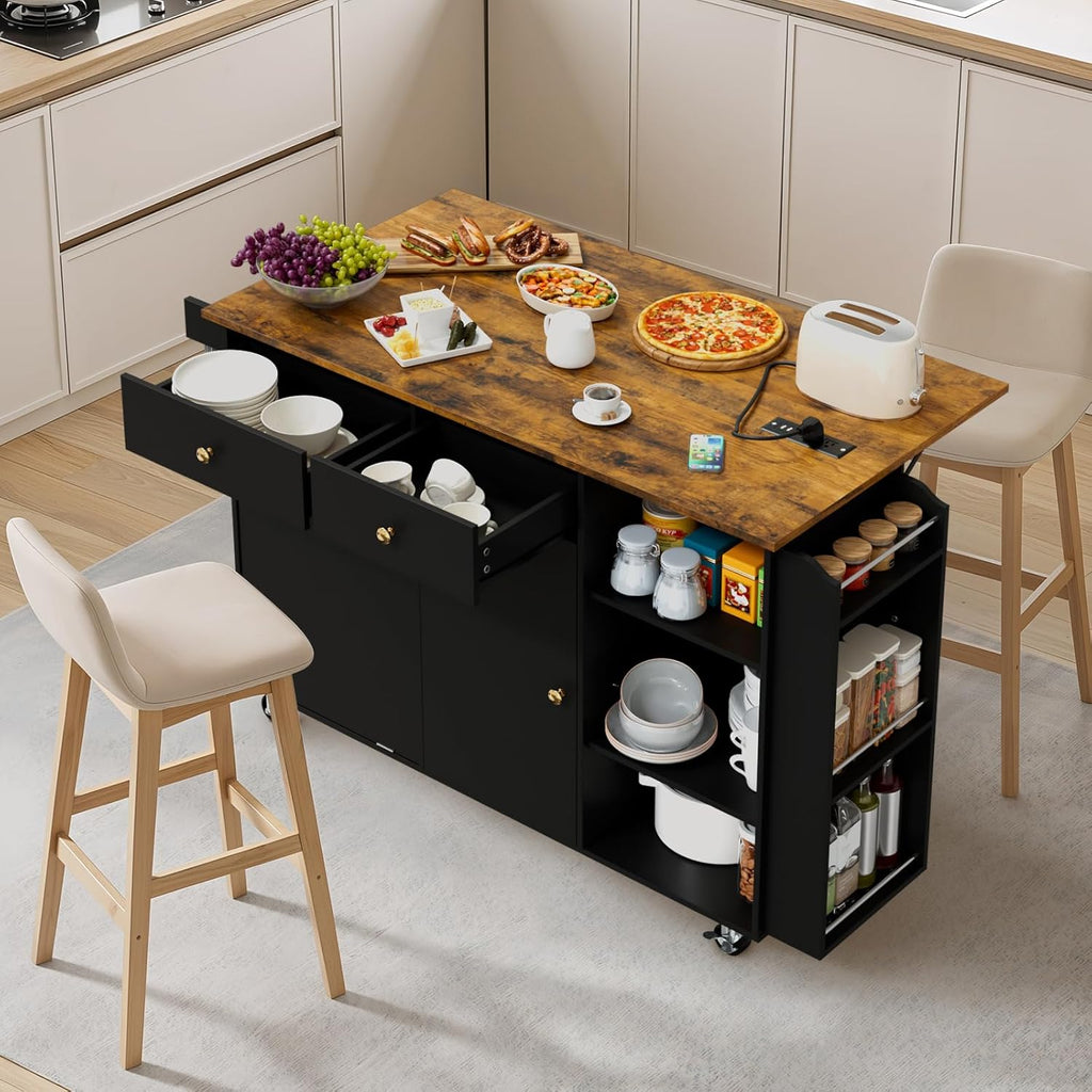 50.4" Kitchen Island with Storage,Rolling Kitchen Table with Power Outlet, Kitchen Island Cart with Folding Drop Leaf, Trash Storage Cabinet, Spice Rack, Towel Rack and Drawer-Black