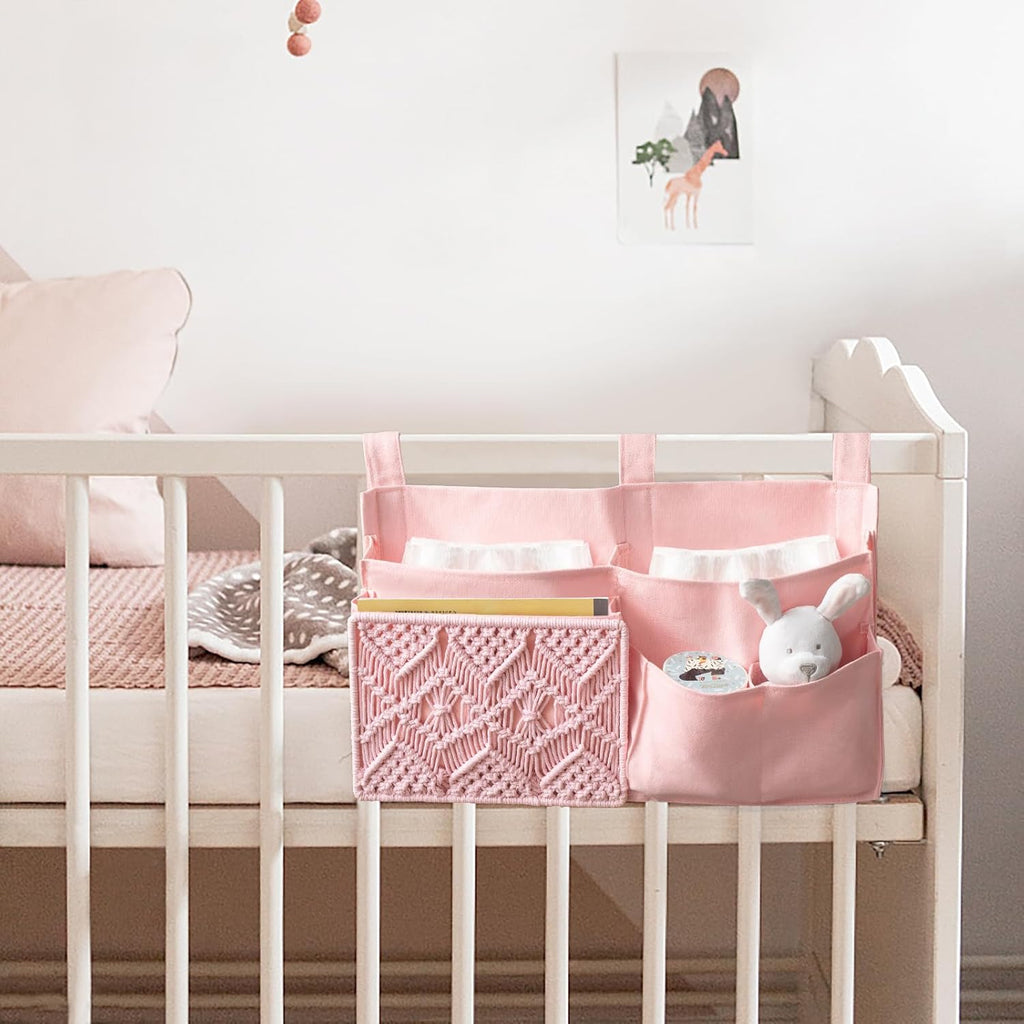 Mkono Bedside Caddy Hanging Organizer, Bunk Woven 7 Pockets Bed Storage Bag Boho Remote Magazine Books Holder with Macrame for Loft Bed College Dorm Bedroom Baby Bed Rails, Pink