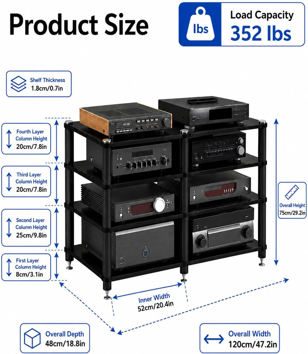 4 Tier Heavy Duty AV Media Stand, Stereo Stands and Racks, Black