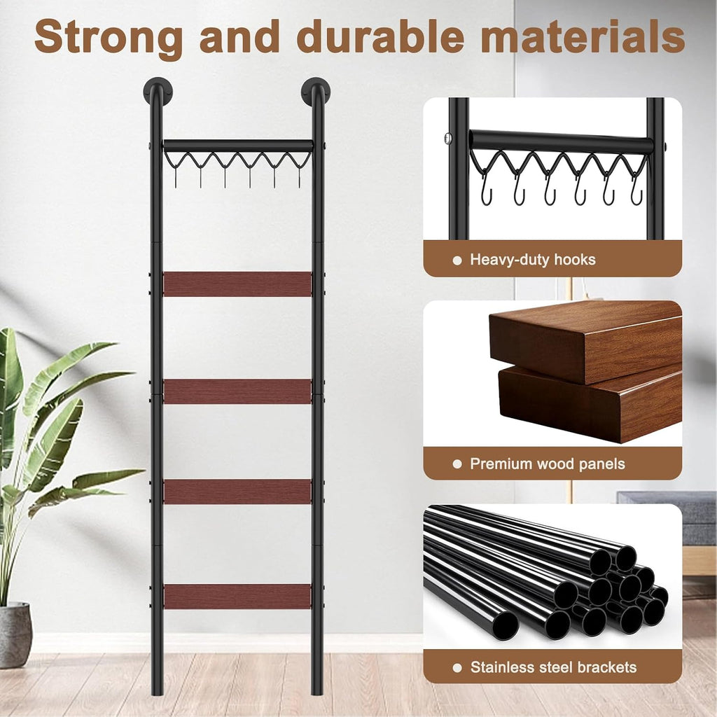 Wooden Blanket Ladder, Wall-Leaning Blanket Rack, 5 Tier Ladder Shelf, 5.6 ft Blanket Holder, Decorative Display Ladder Shelf for Storage and Home Decor, Rustic Brown and Black