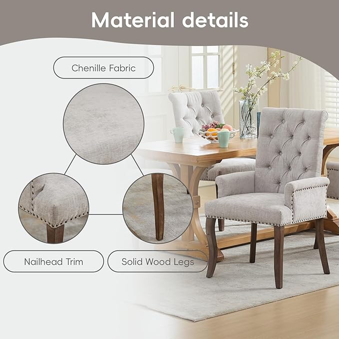 Upholstered Tufted Chenille Dining Chairs with Arms & Nailhead Trim – Sol...